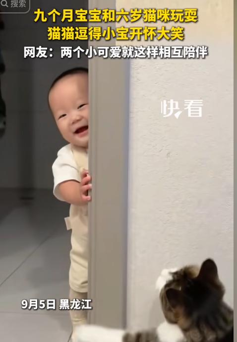 "被萌化了！"黑龙江，一个9个月大的宝宝和家里6岁的猫咪玩躲猫猫，宝宝躲在门框后