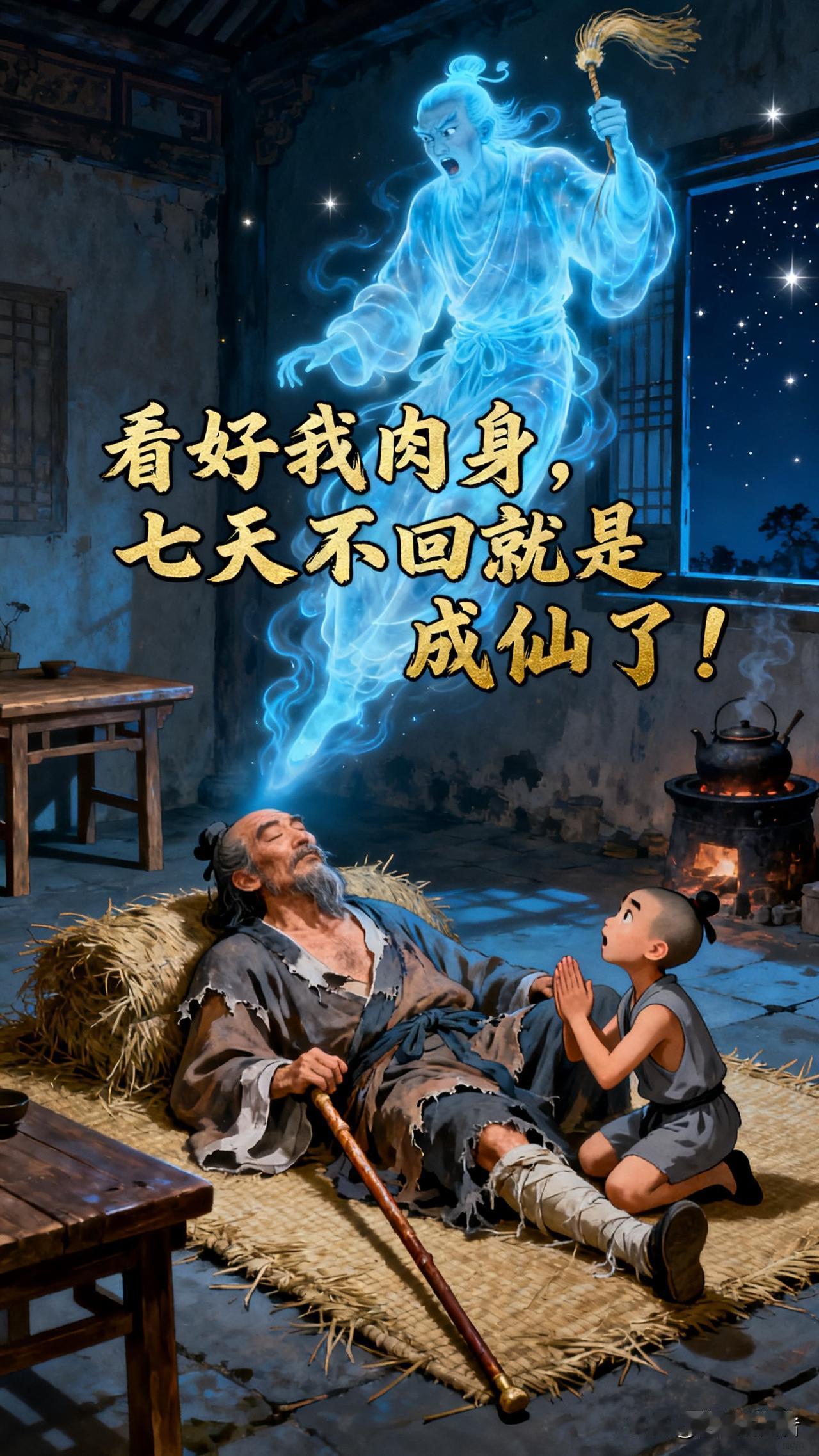 铁拐李元神出窍去找太上老君下棋，临走前叮嘱徒弟：“看好我肉身，七天不回就是成仙了