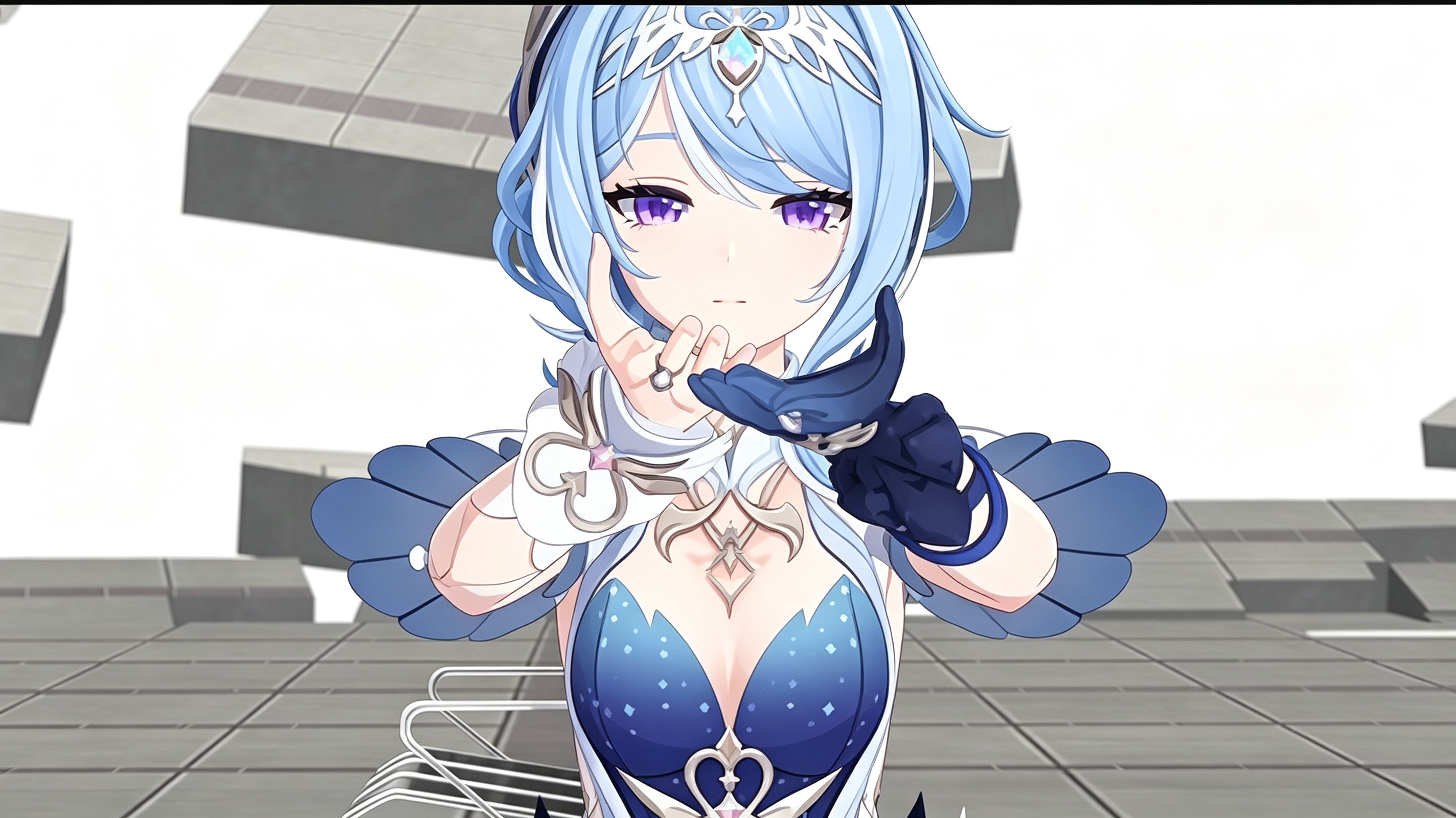 蓝白少女的清冷舞台感✨浅蓝发丝和宝石蓝服装很有冰雪感，站姿安静又带着一点距离感。