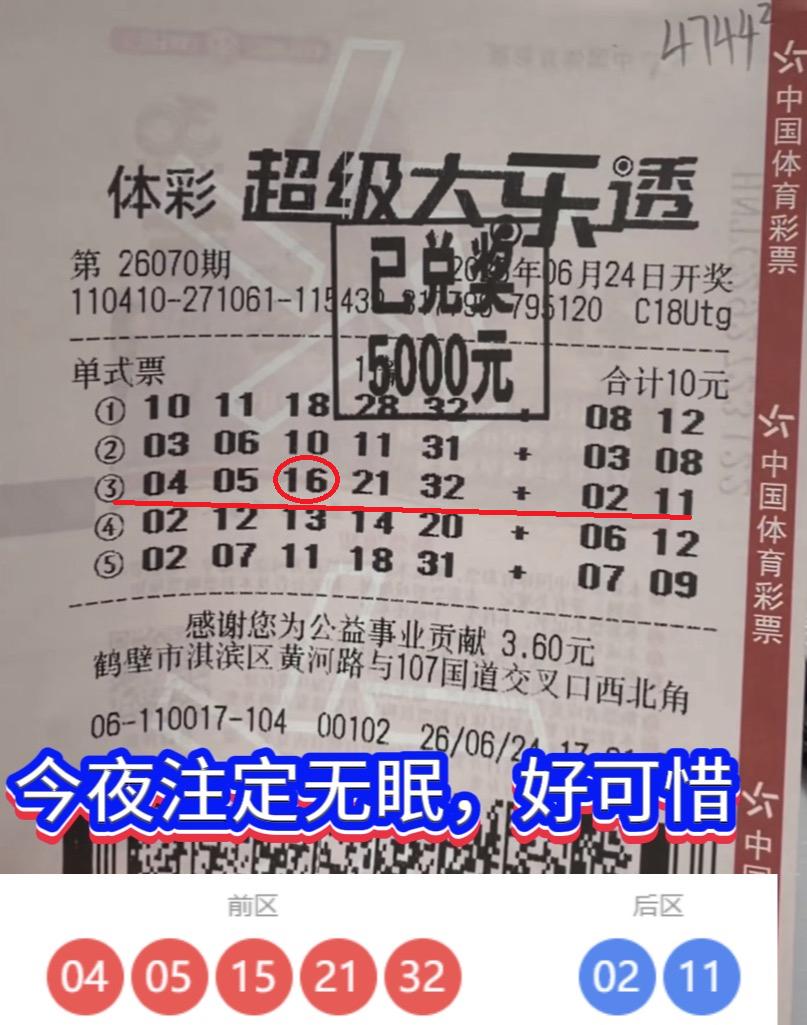 一号之差失千万！彩友憾失头奖应该彻夜难眠。大乐透26070期开奖，河南鹤壁一