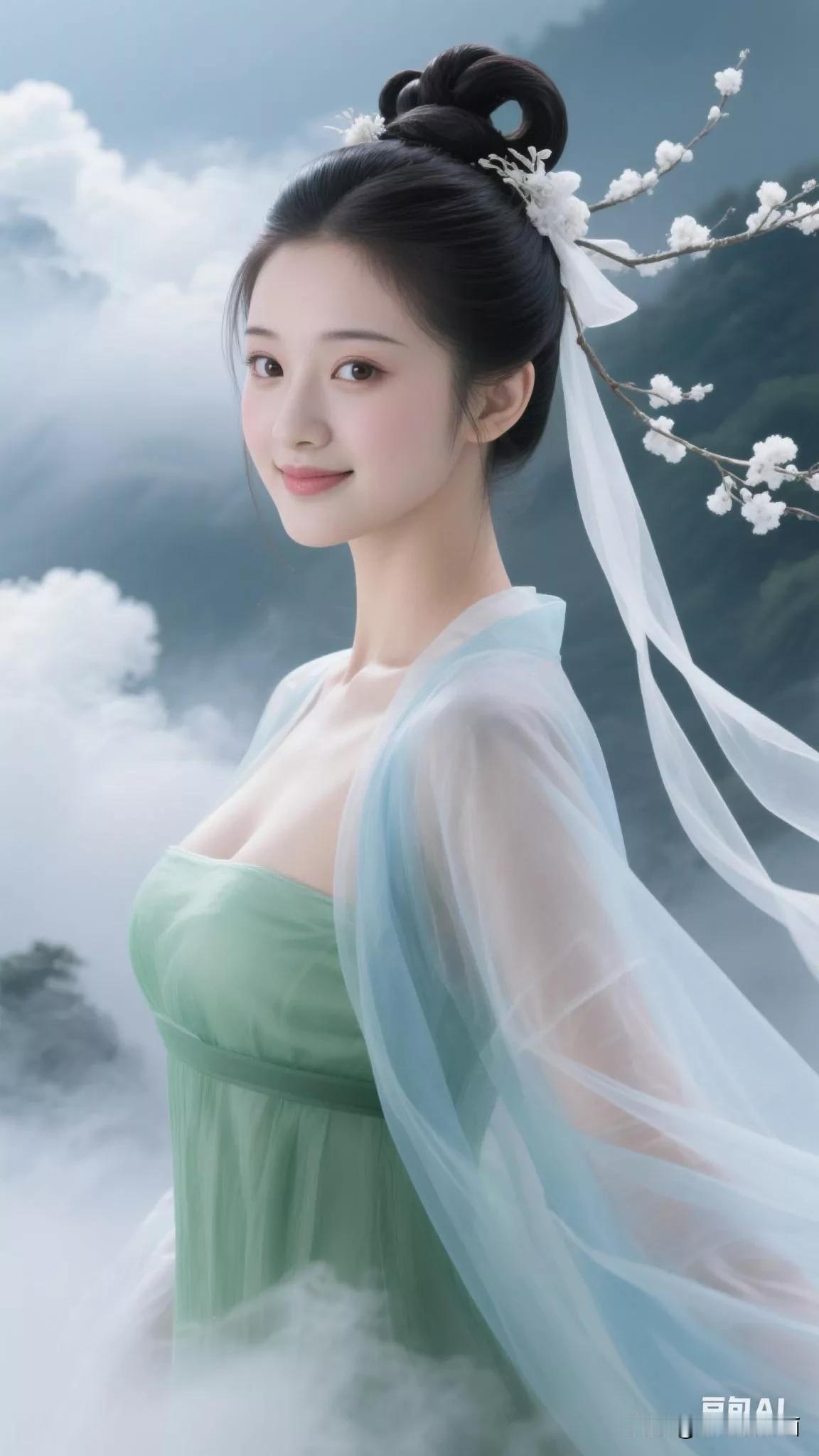 云中仙子笑，花间美人来。张立启原创书画AI作品古仕女发髻集锦第285期。AI唐髻
