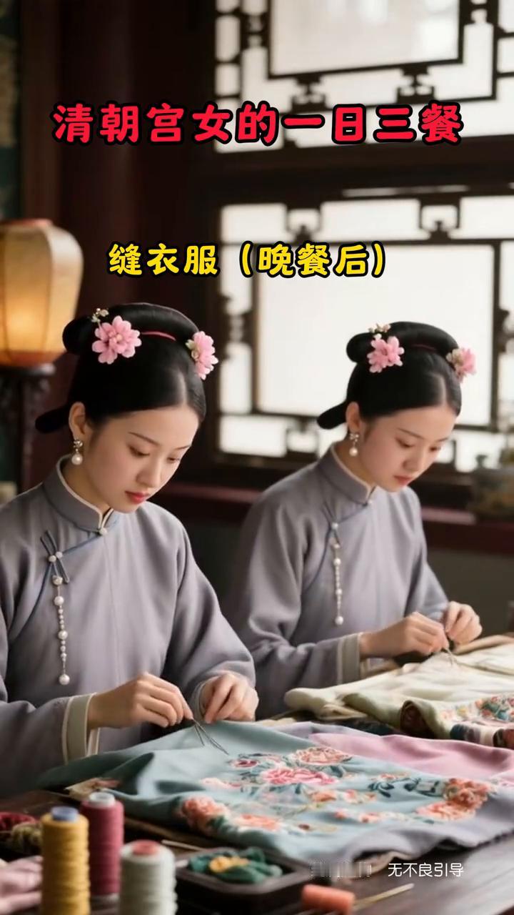 清朝宫女的一日三餐。·卯时(5-7点)早膳：主食：小米粥、杂根馒头！配菜：清炒