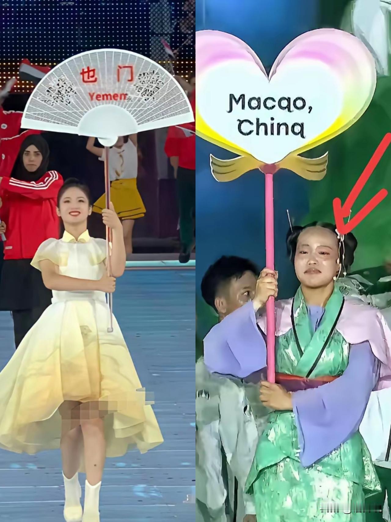 同样是亚运会举牌的小姐姐，杭州亚运会小姐姐一身明黄色长裙，大国自信的笑脸，感染着