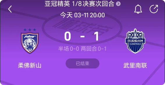 中超亚冠名额真得危险了，随着柔佛主场0：1不敌武里南联被淘汰，武里南联挺进亚冠八