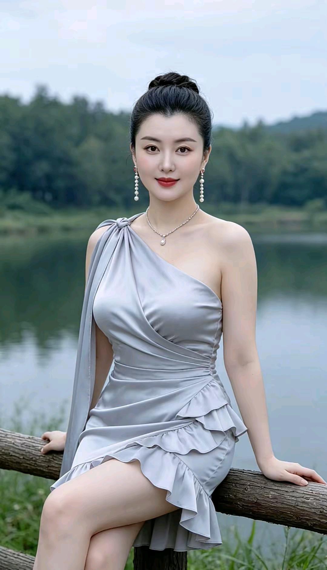 湖畔着银裙的佳人，其清雅温婉之态胜过青山湖畔清风轻拂素裙，云盘高髻更衬芳芬。