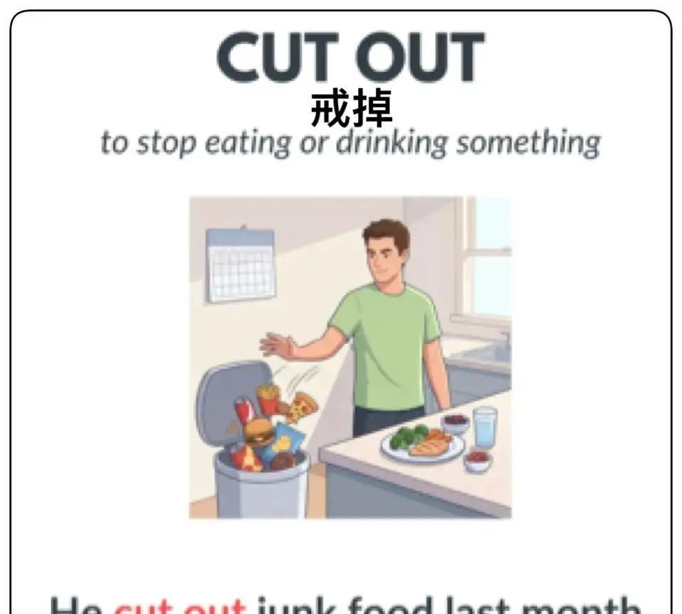 英语词汇7个和饮食相关的短语动词。他以前总在周五晚上喊我去`eatout`