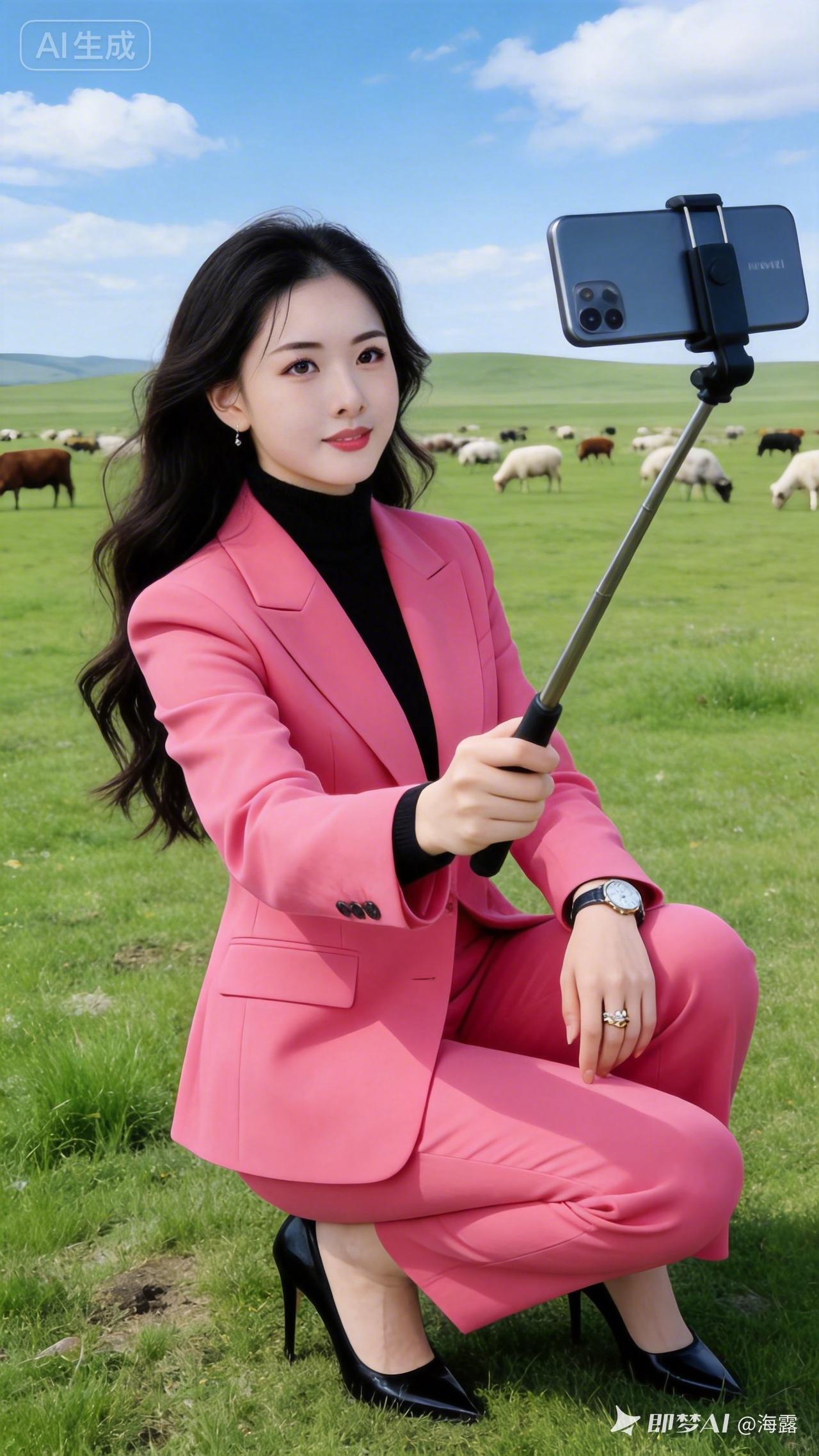 在草原上自拍，粉色西装搭配黑高跟鞋，美到窒息！