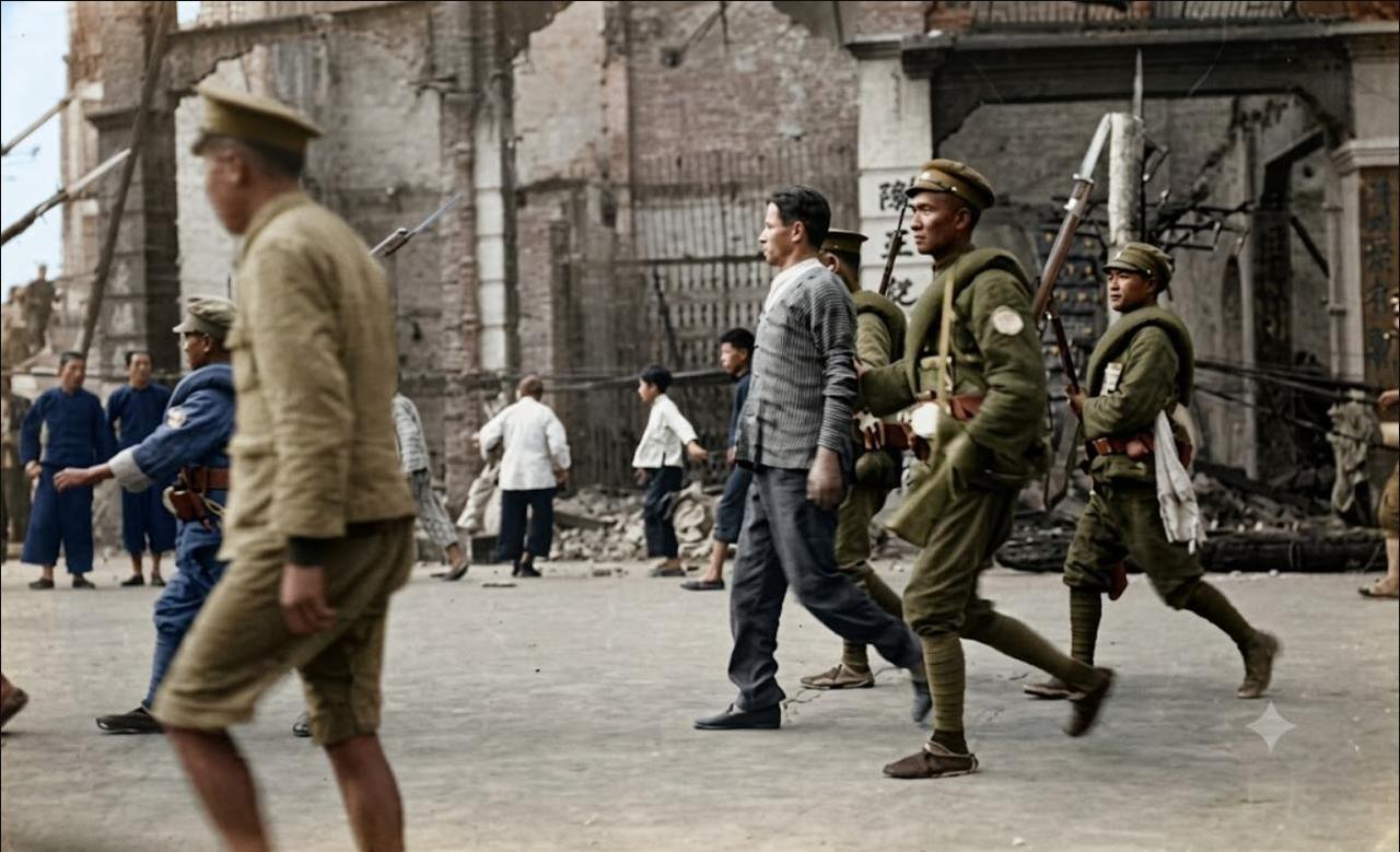 1925年，五卅运动期间上海街头，爱国青年被武装军警逮捕押解。两名士兵一前一后