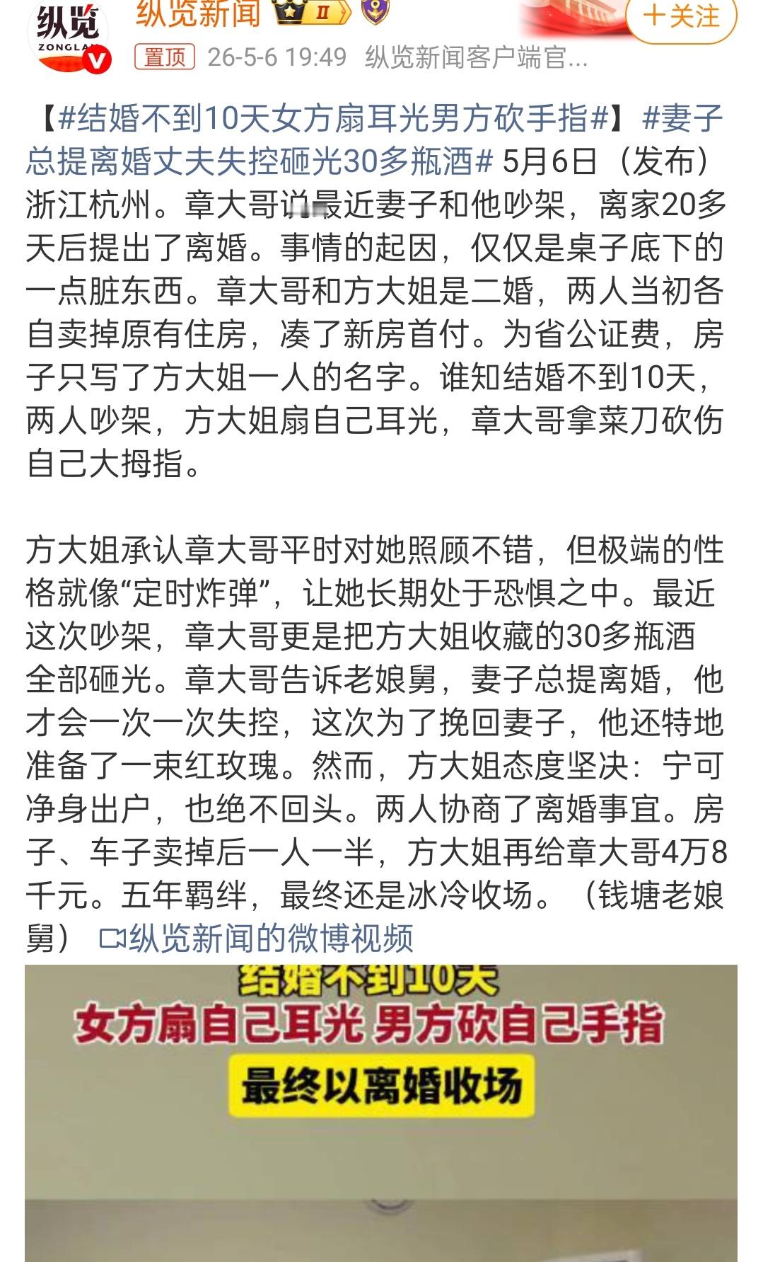 结婚不到10天女方扇耳光男方砍手指这标题什么玩意儿