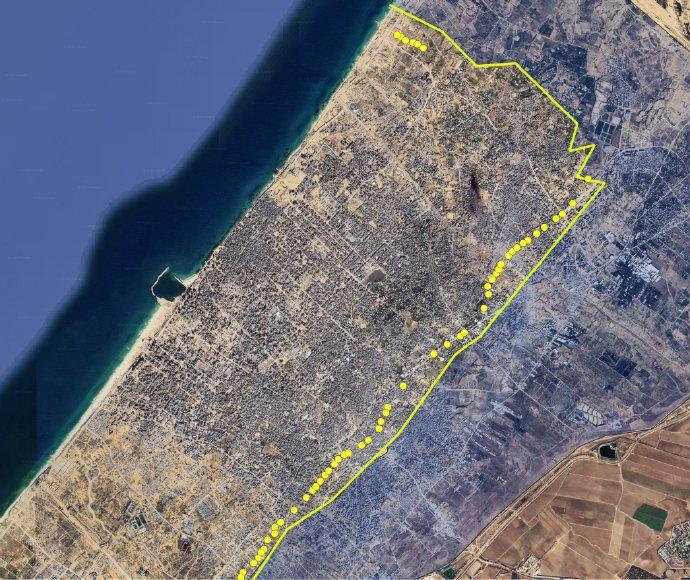 初步地图显示，以军新增吞并了加沙地带10%的领土，地图上标示着黄色混凝土块。