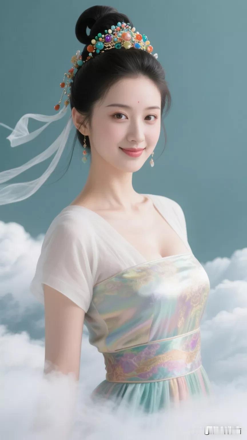 仙气飘飘的古风美人，云雾缭绕中，宛如画中仙子。张立启原创书画AI作品古仕女发髻集