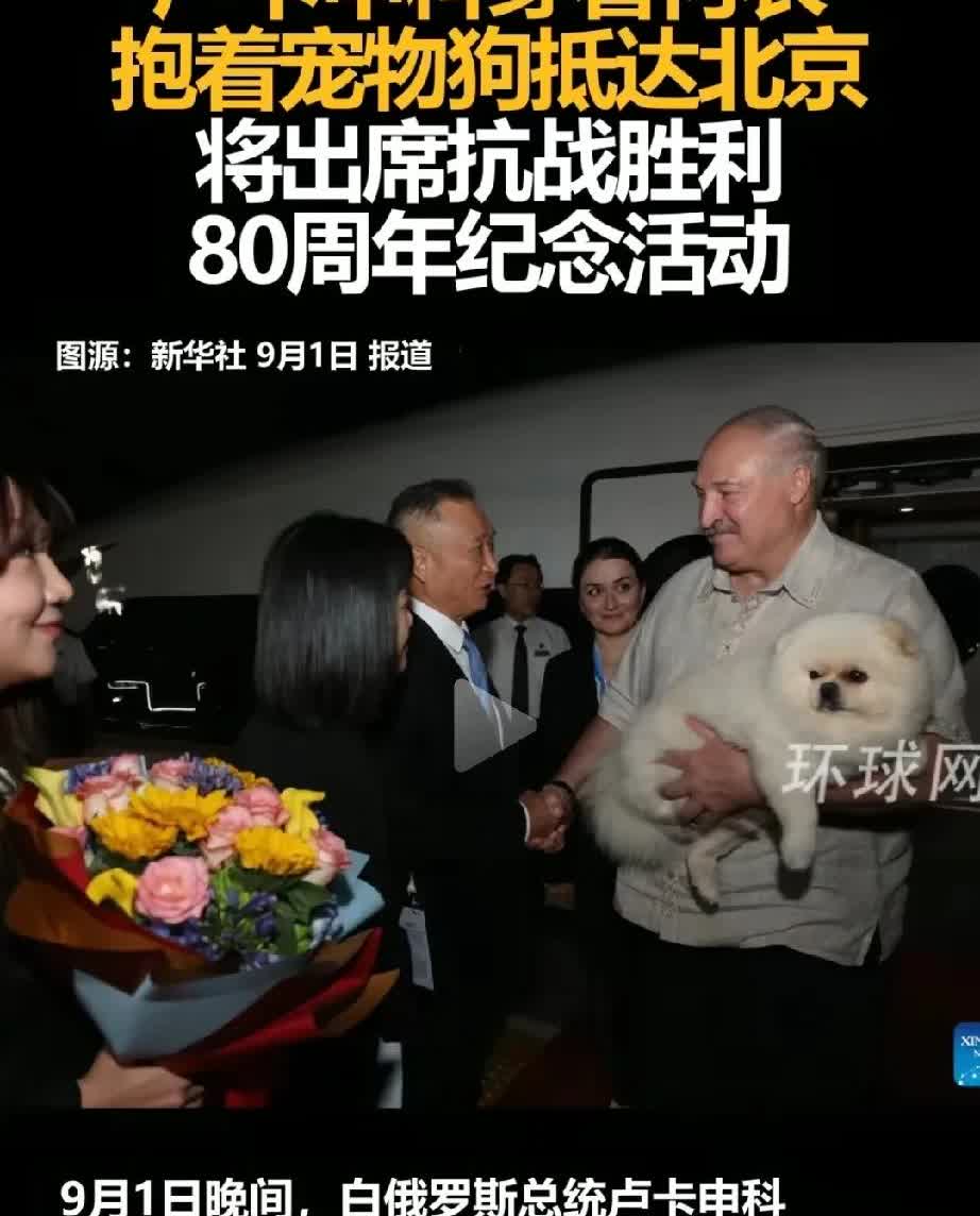 卢卡申科也来了。在这么重要纪念场合带宠物狗狗，就像在自己家里一样的松弛感，大