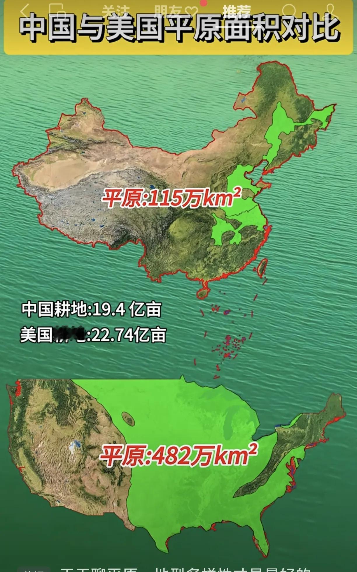 中国与美国平原面积对比图。自然资源差距，人家的可耕面积是我们的4倍多，人口只是我