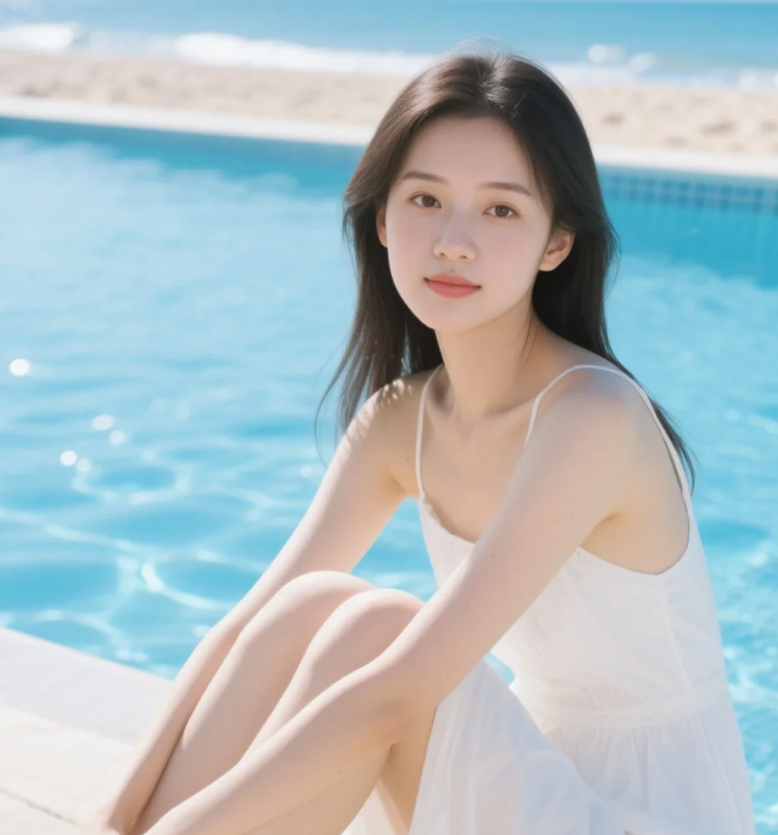 泳池瓷砖倒映着少女心事，正午是最温柔的滤镜