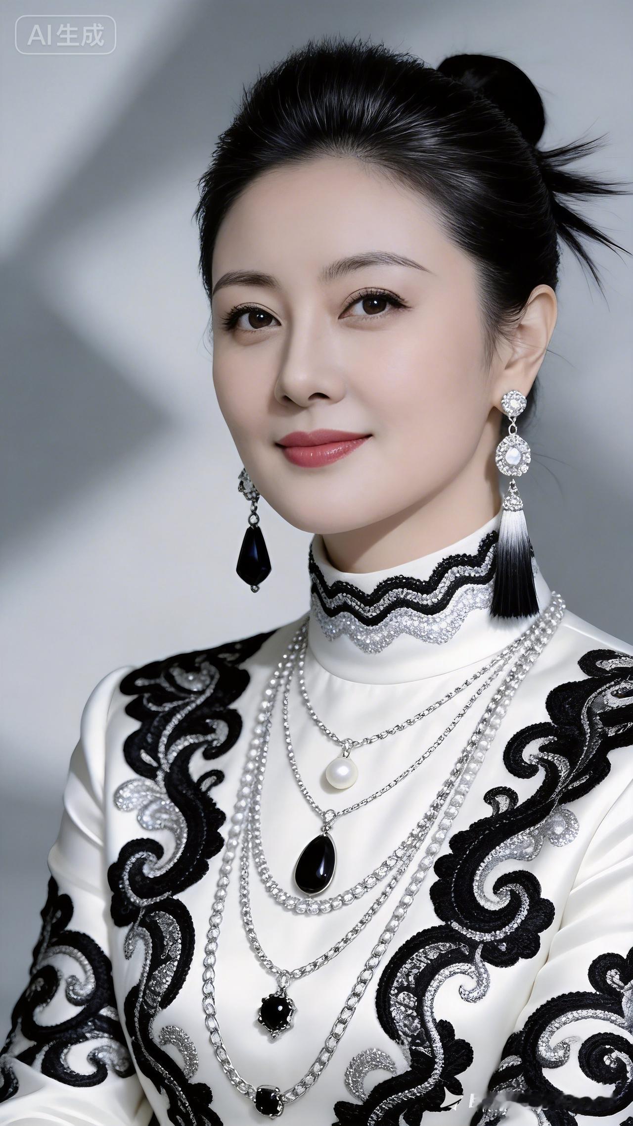 优雅黑发美人，复古珍珠项链，黑白相间时尚穿搭，尽显高贵气质。