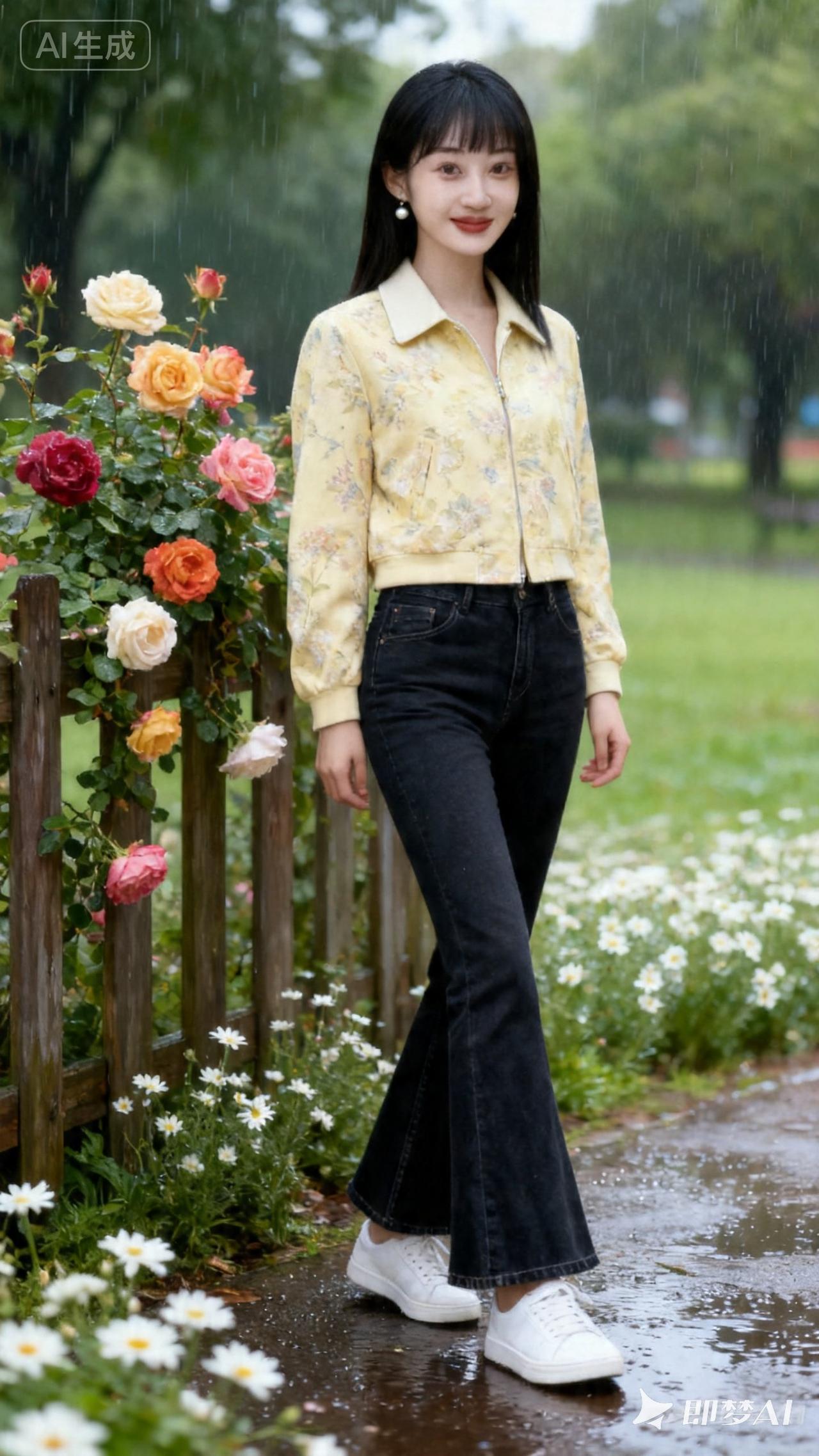 雨中漫步，花海相伴，清新穿搭，自然美丽。