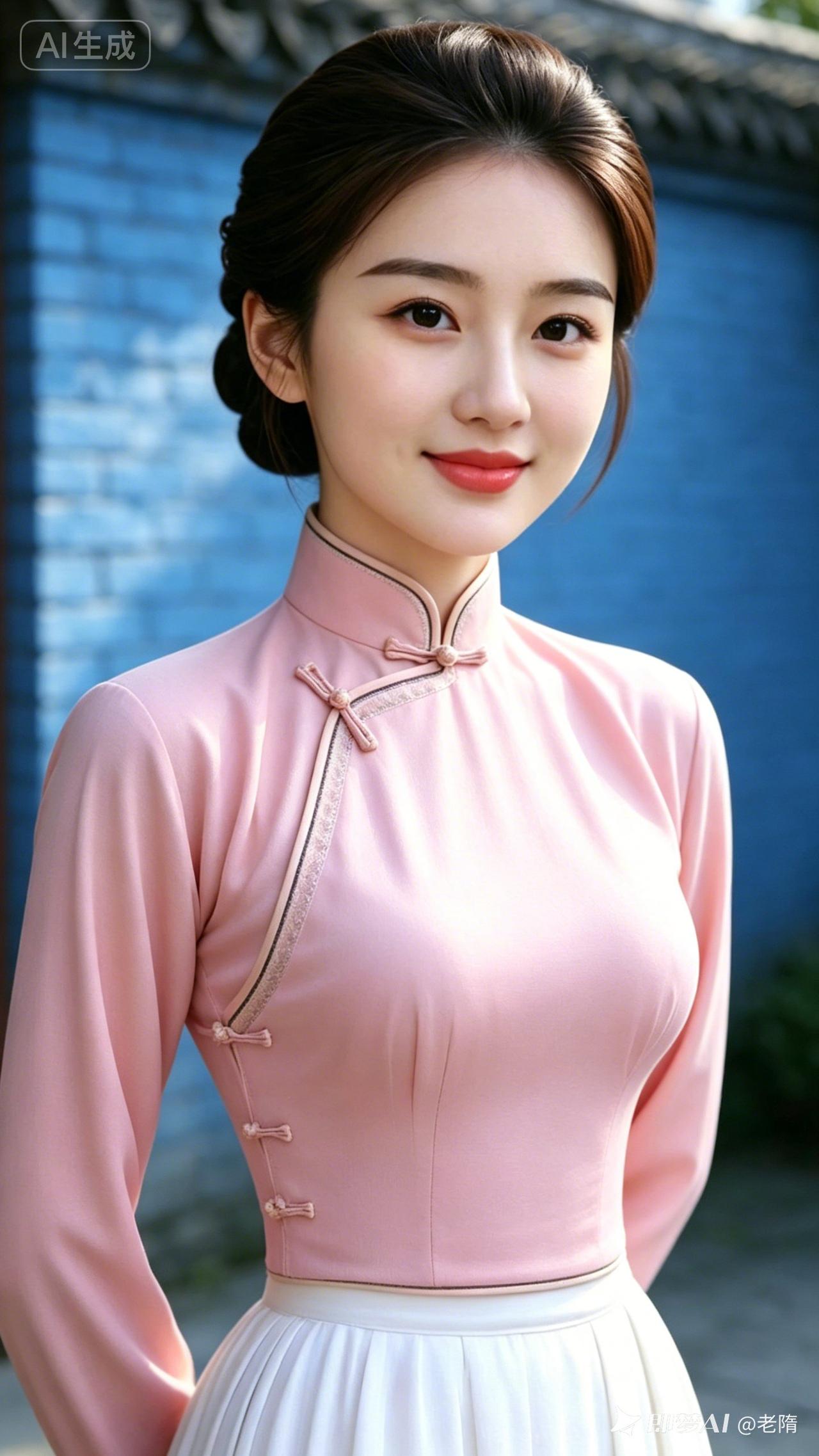 蓝光高清写实人像，黄金分割构图。九头身葫芦身段细腰宽胯，民国女子微盘长发，粉斜襟