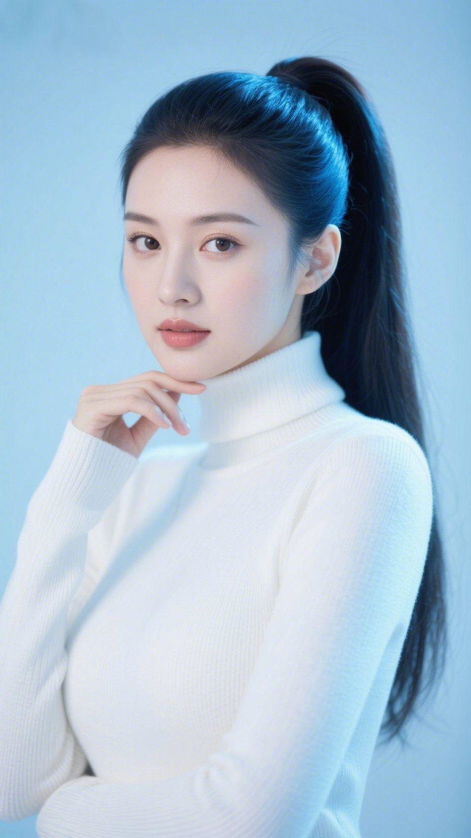 白衫马尾的舒展她束起长发，高马尾顺着肩线轻垂，发梢落在白色高领毛衣的领口。