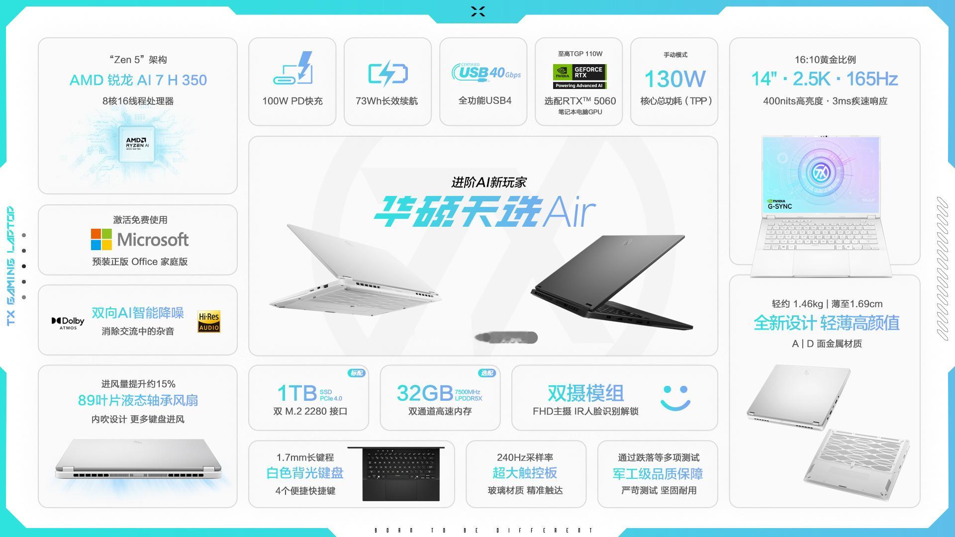华硕天选Air2025发布。搭载AMD锐龙AI7H350处理器，RTX5