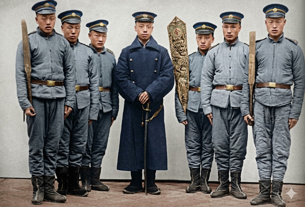 这张照片是清末新军基层官兵的合影，中央军官身着深色呢料长大衣，头戴大檐帽，手持西