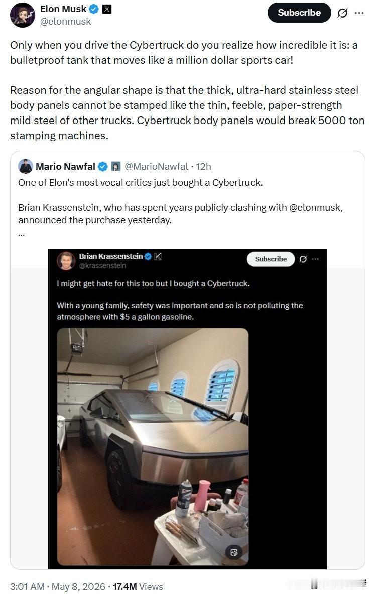 马斯克：只有当你真正驾驶过Cybertruck，你才会意识到它有多不可思议：它