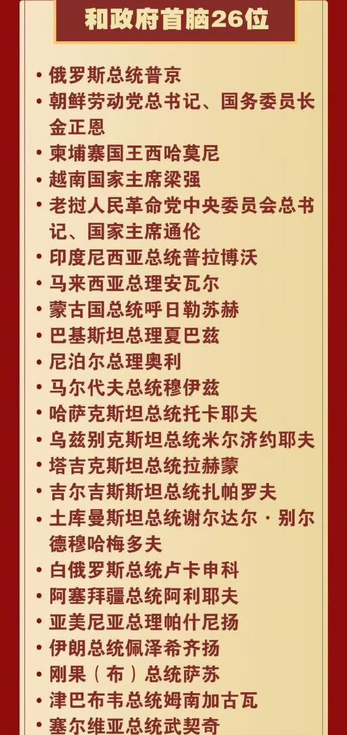 “93阅兵”的名单来了！普京和金正恩等26位外国元首和首脑出席抗战纪念活动。