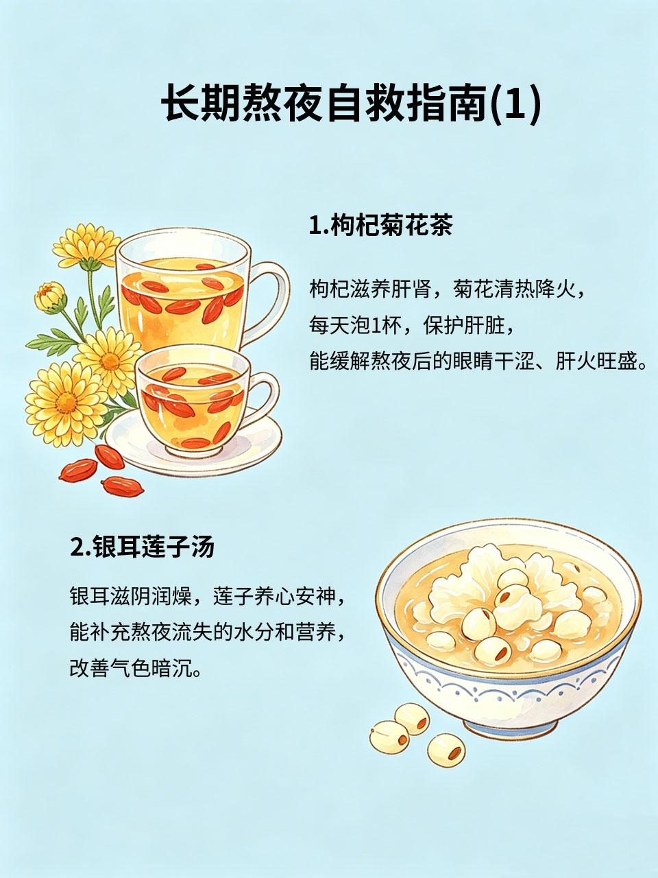 长期熬夜自救指南，食补调理减少伤害长期熬夜伤肝🫀、伤气血🩸，还会导致气色暗