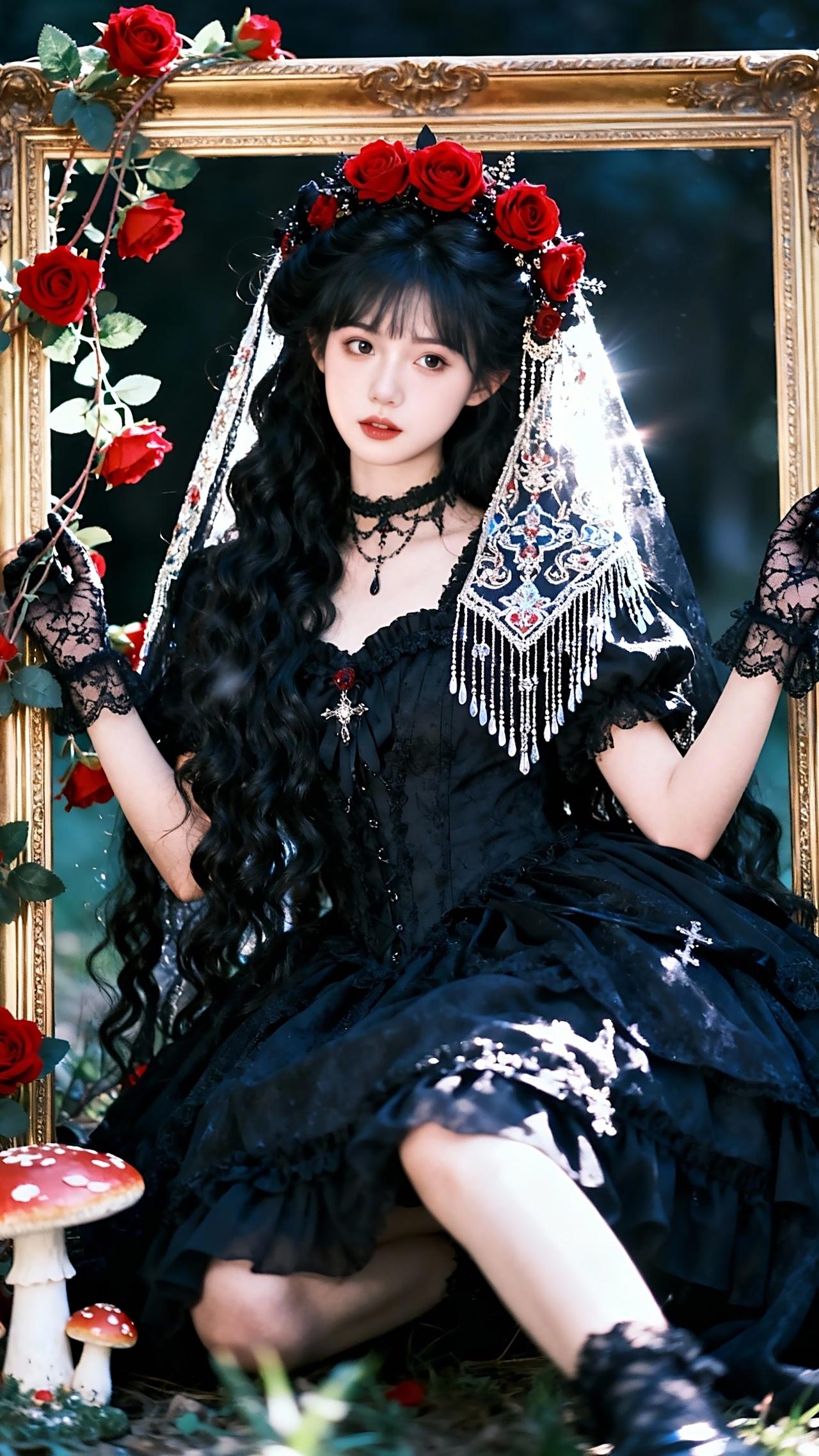 哥特风黑裙少女，华丽发饰，梦幻哥特风，黑纱飘逸，哥特少女风在这张超美的古风高清壁