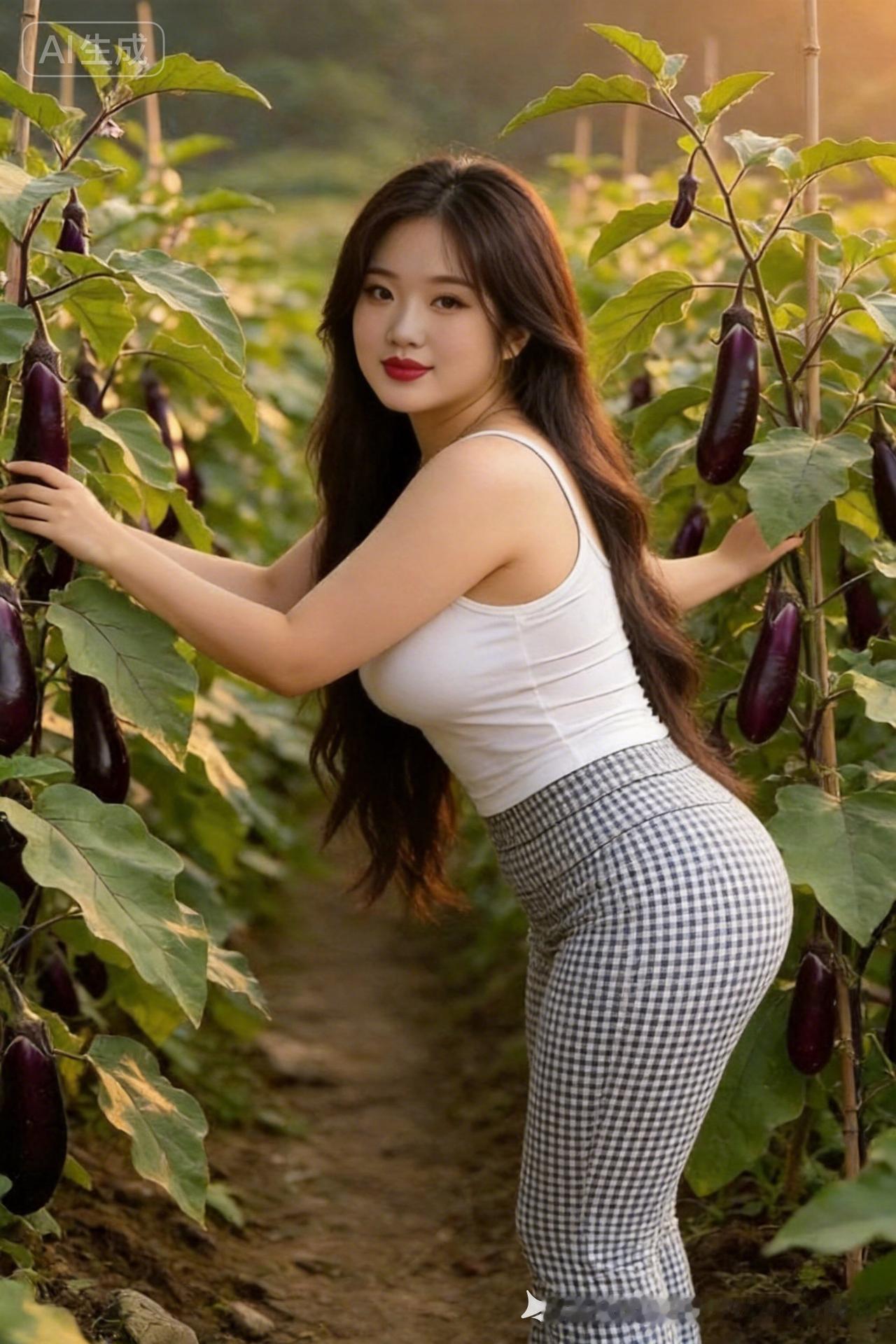 田园少女与茄子亲密互动，阳光下的美好时光！