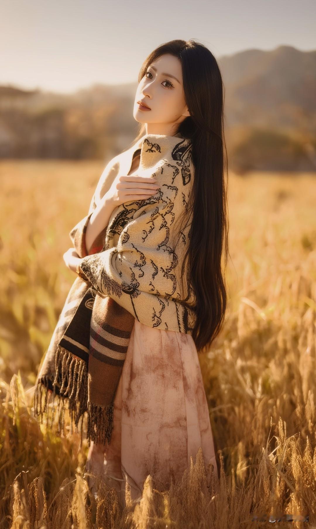 秋日田野中的温柔少女，金色的阳光洒满发梢。