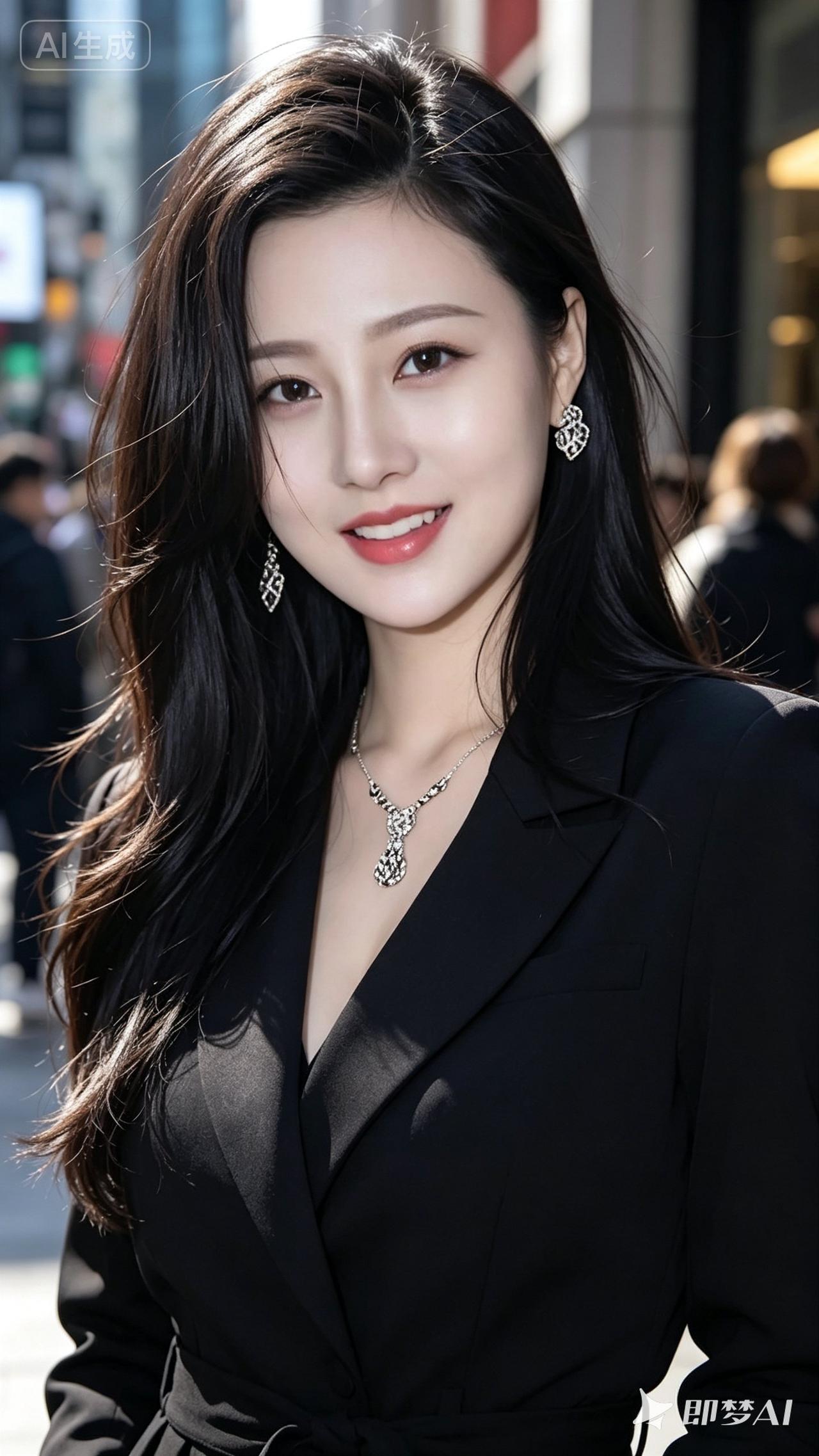 都市女郎的时尚穿搭，黑色西装搭配闪亮项链，自信满满！