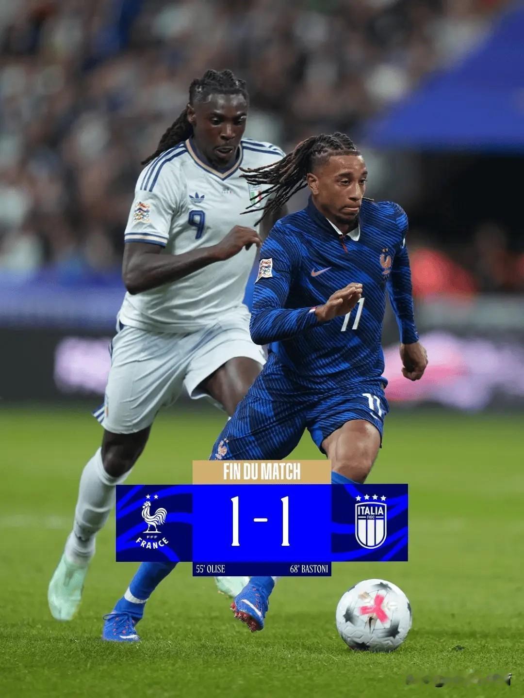 国联A级A1组第3轮，法国1-1战平意大利，奥利塞任意球破门，巴斯托尼扳平比分，