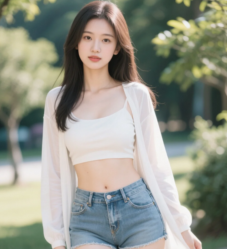 阳光透过树叶的缝隙，洒在她身上，勾勒出迷人的轮廓