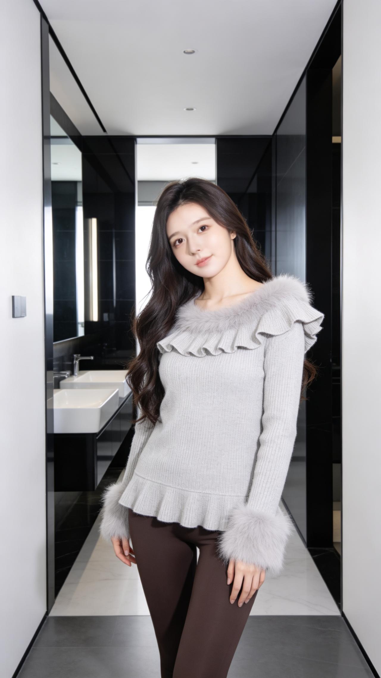 浅灰色毛绒荷叶边针织衫，领口和袖口都缀着柔软的绒毛，搭配深咖色紧身裤，温柔又