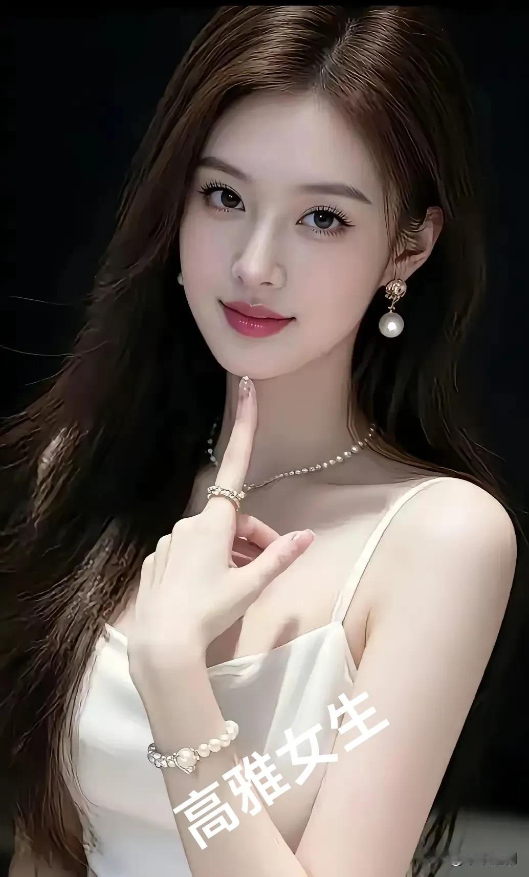 白裙裹着柔缎般的光，珍珠缀在颈间耳侧，指尖轻抵的弧度里，是漫开的雅致。女性气质