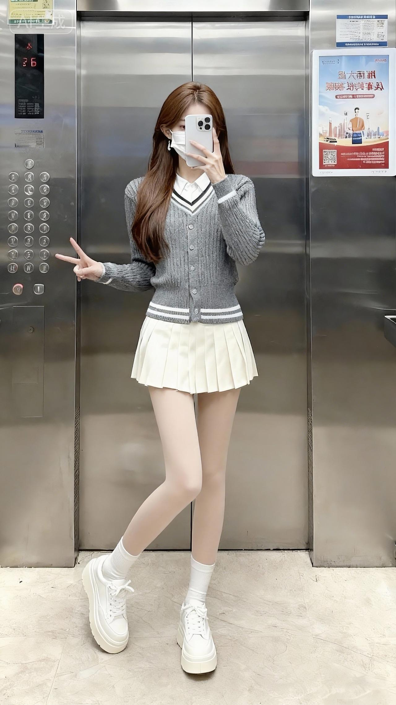 来，比✌️！穿搭短裙穿搭小短裙电梯拍照