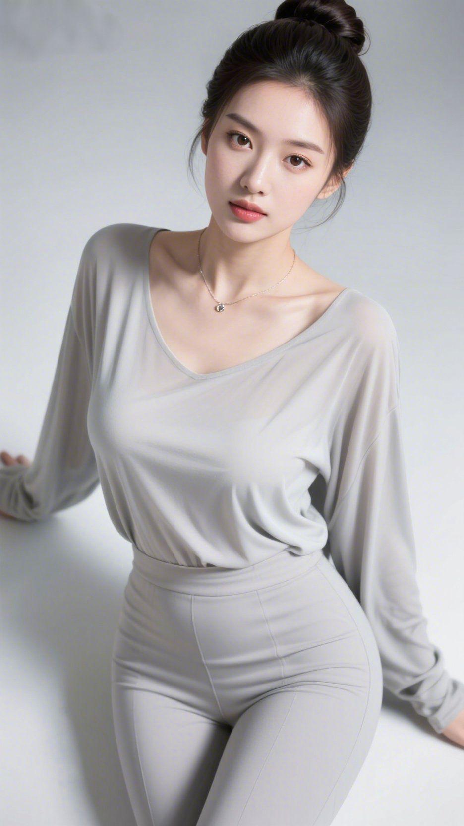 素简亦温柔浅灰的衣袂如揉碎的晨雾，轻覆肩头，衬出时光的清宁。利落的发髻衬出