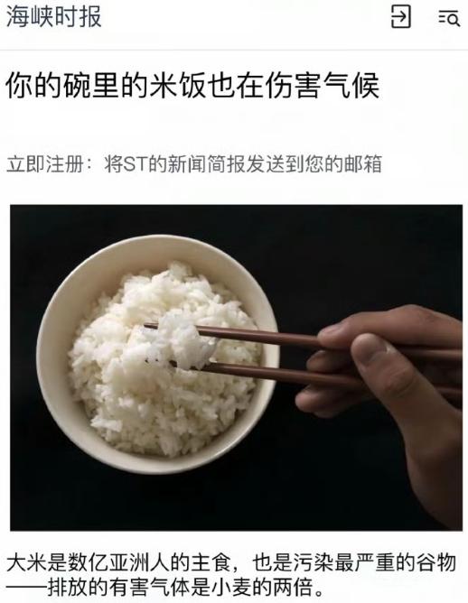 新加坡《海峡时报》称大米是“污染最严重的谷物”，亚洲人主食米饭伤害气候。这屁股歪