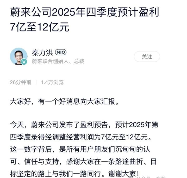 蔚来汽车终于盈利了。李斌还是很厉害的。现在就看合肥另外一个明星企业科大讯飞可能
