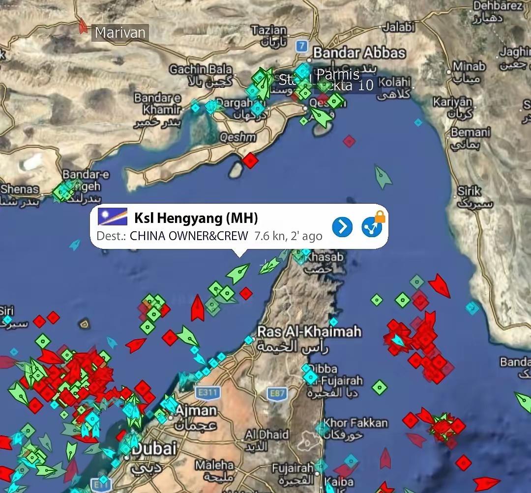 一艘标注“中国南京”的货轮驶过由伊朗管控的霍尔木兹海峡。这艘船是南京金希普公