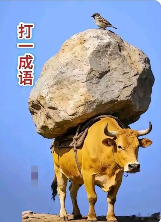 〔看图猜成语〕图中画面真有趣；一头大牛拖石头；石头顶上有小鸟；谐音猜个成