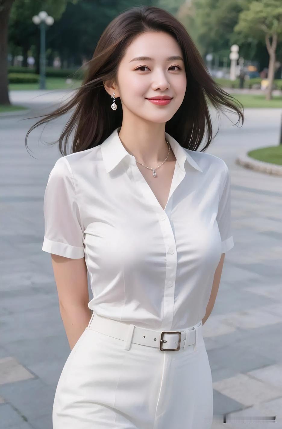 白衫素雅沐清风，浅笑盈盈百媚生。发丝轻扬添灵动，步履从容气自华，你是都市绿意中最