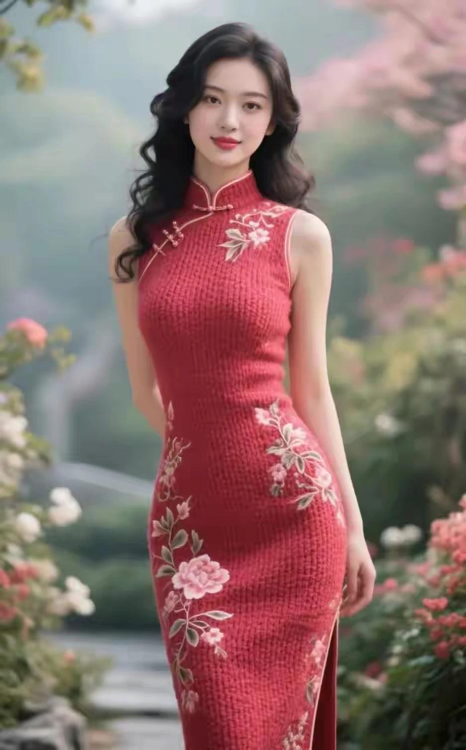 中国旗袍，古典韵味。雍容华贵，东方风情。贴身裁剪，线条流畅。玉珠圆润，展