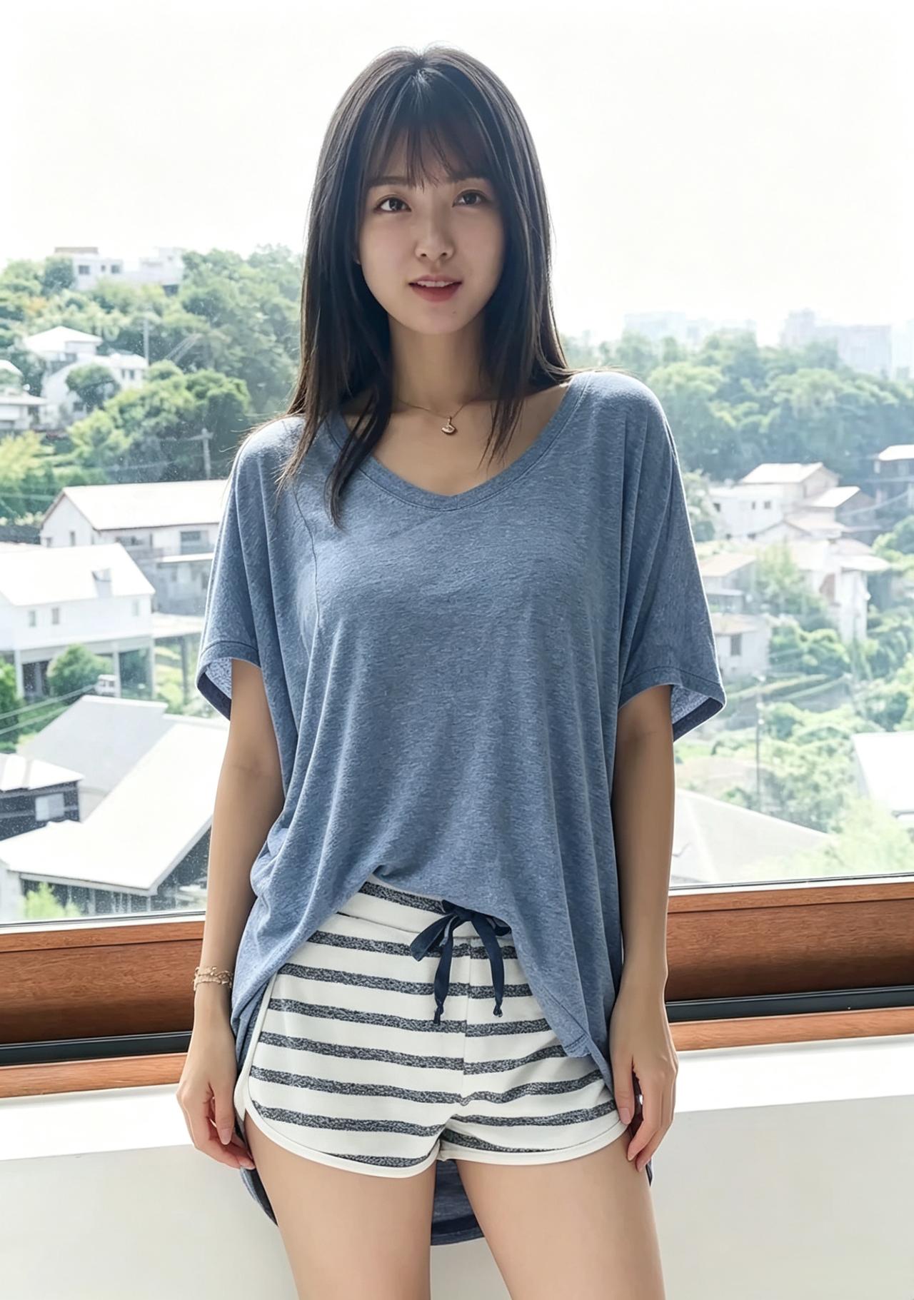 远山如黛绕窗棂，闲衬青衫姿轻盈。抬眼轻含星子色，满身朝气满窗青。