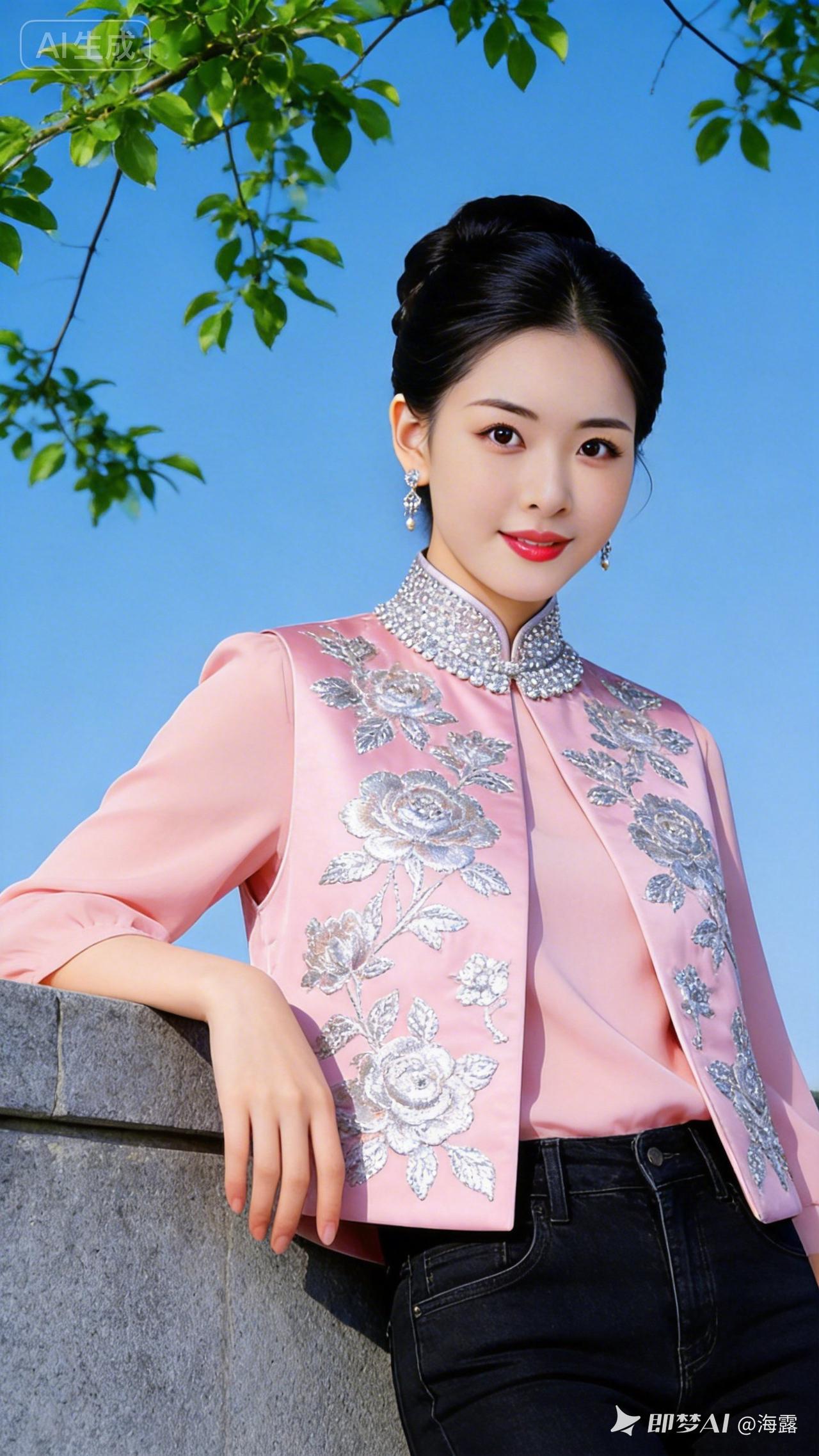 优雅复古风，粉色刺绣衬衫搭配黑色牛仔裤，清新自然，尽显女性魅力！