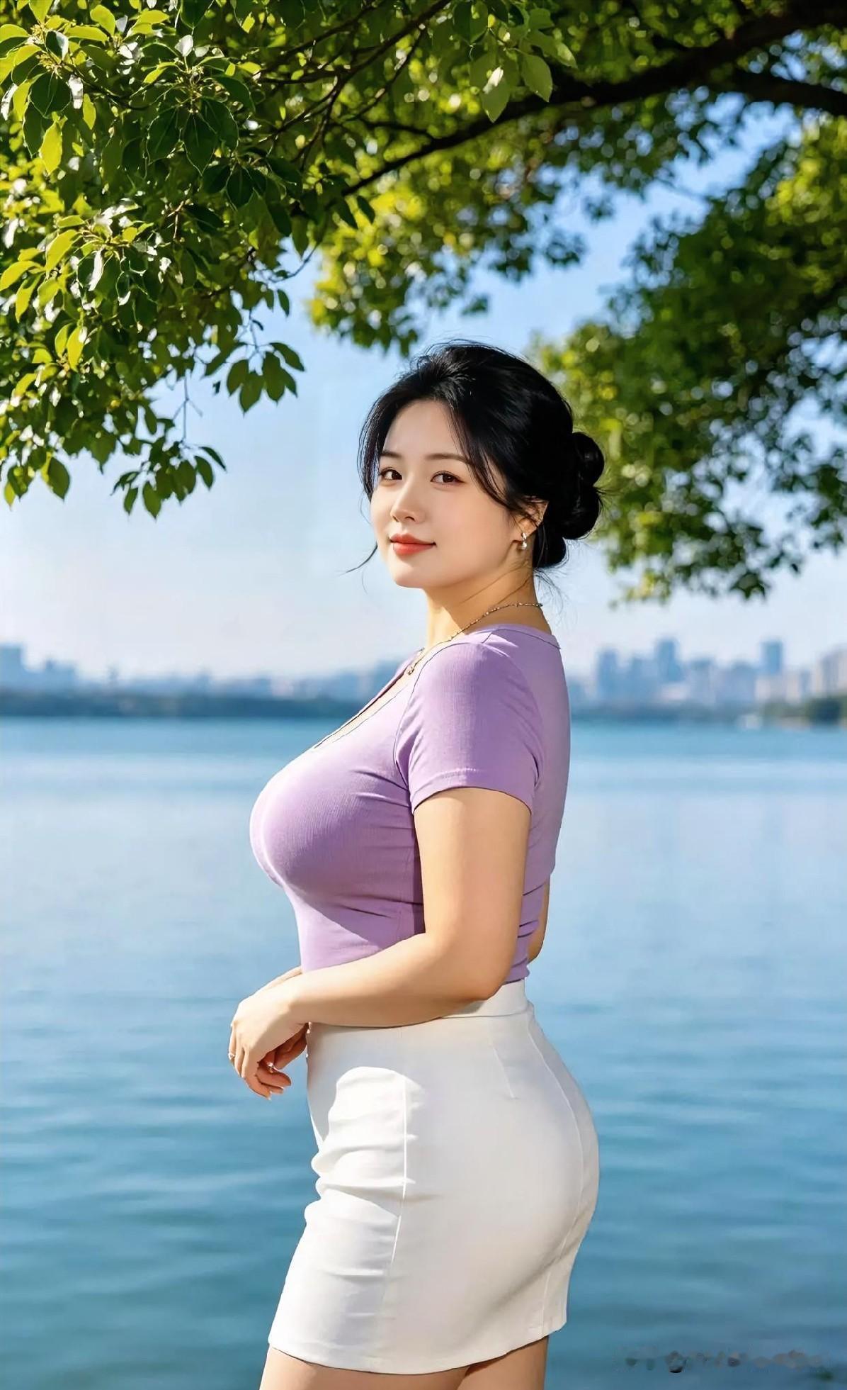 紫衣白裙映衬碧水蓝天，盘发侧颜尽显温婉，都市丽人湖畔展风情。