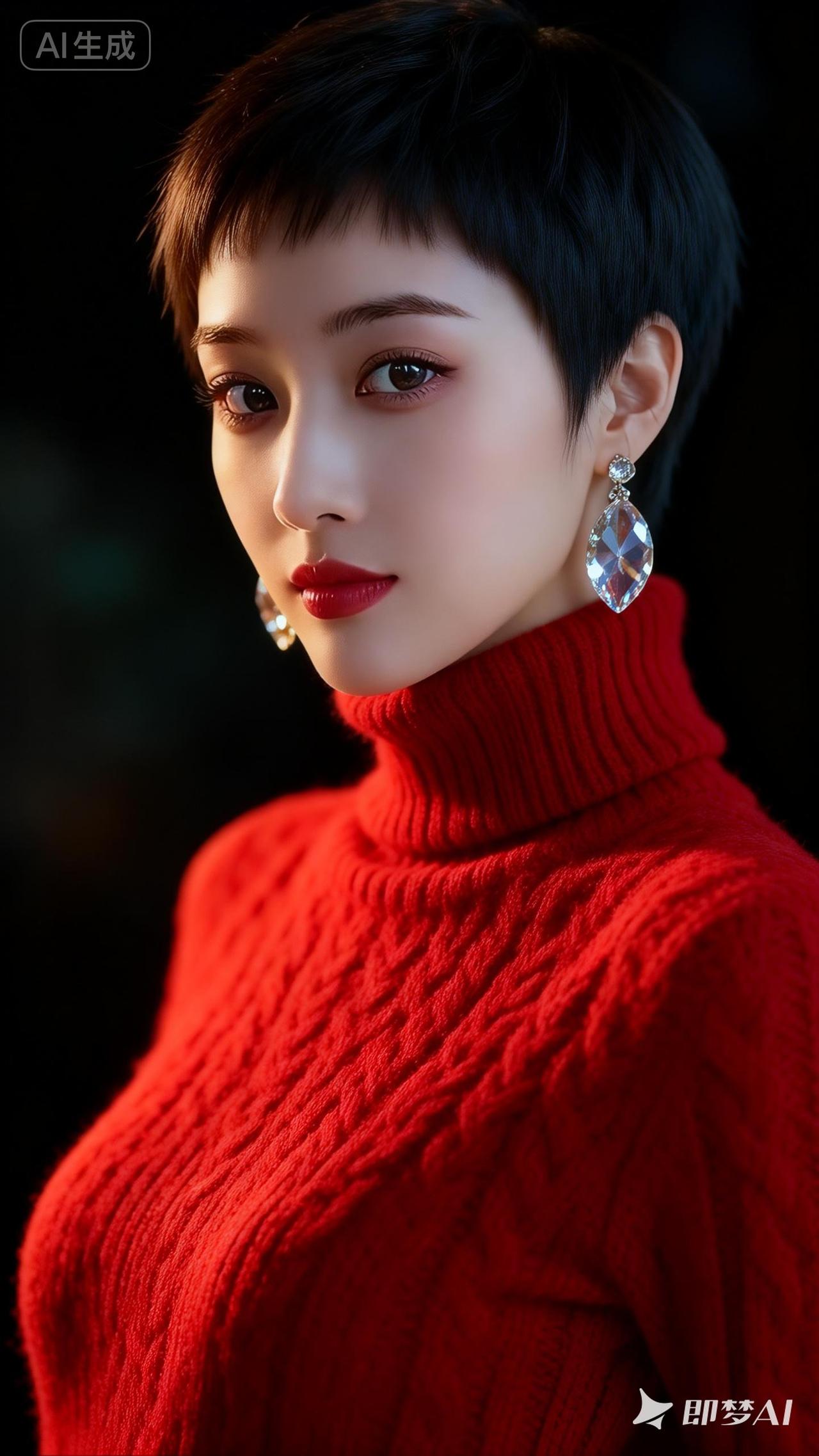 冷艳红衣女郎，闪耀耳环点缀，气质满分！