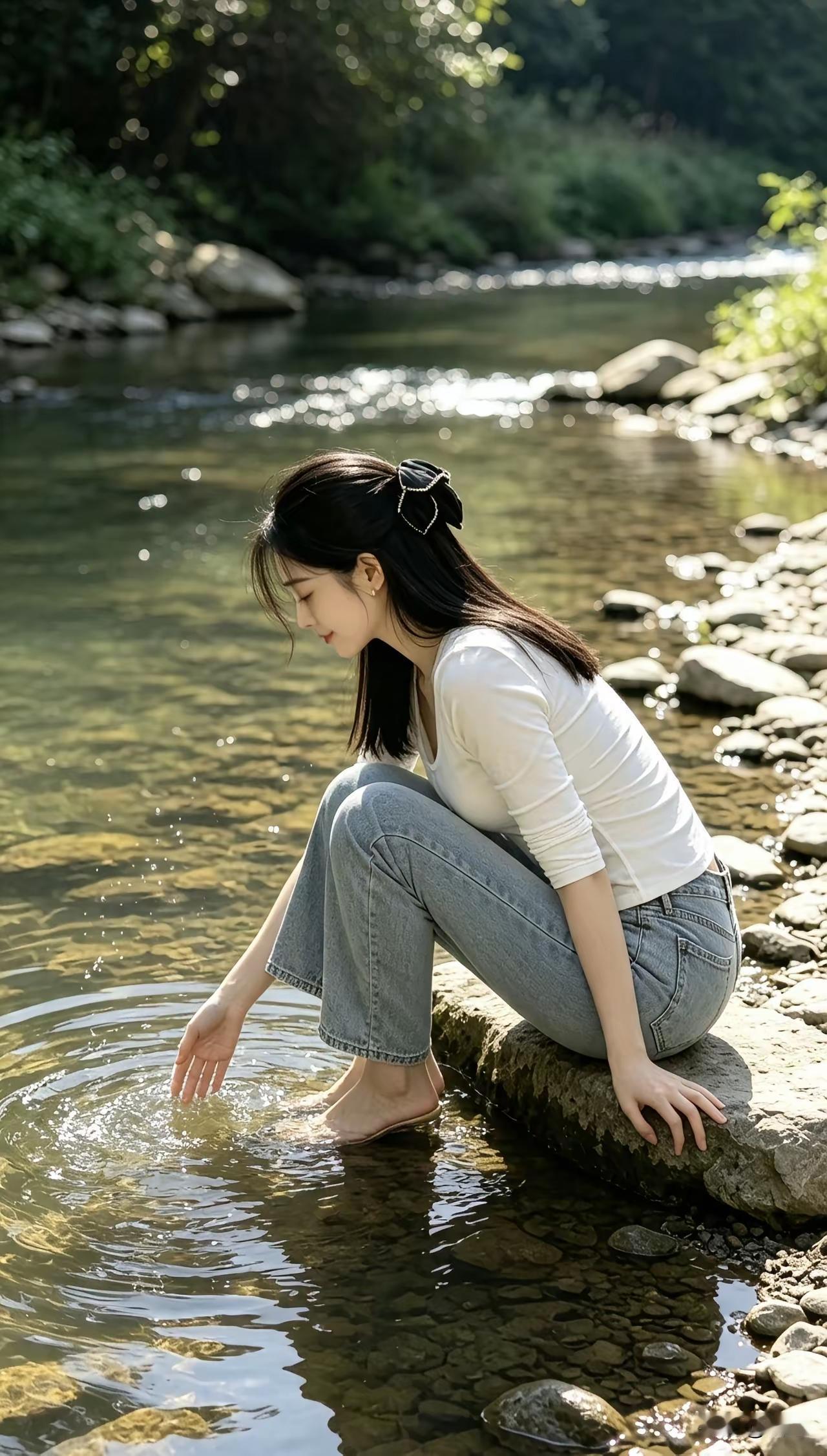 女孩在溪边玩水，阳光明媚。