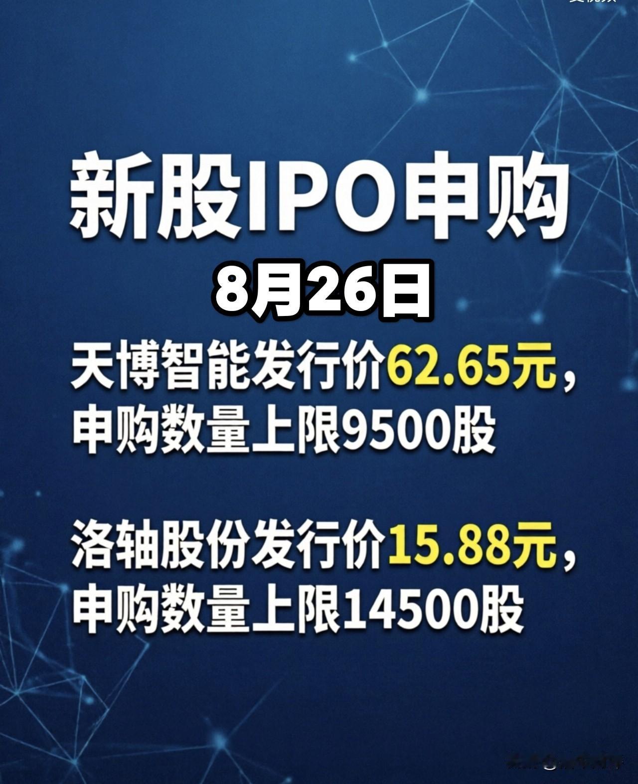 天博智能，洛轴股份，8月26日申购！天博智能发行价62.65元，可能是大肉签！