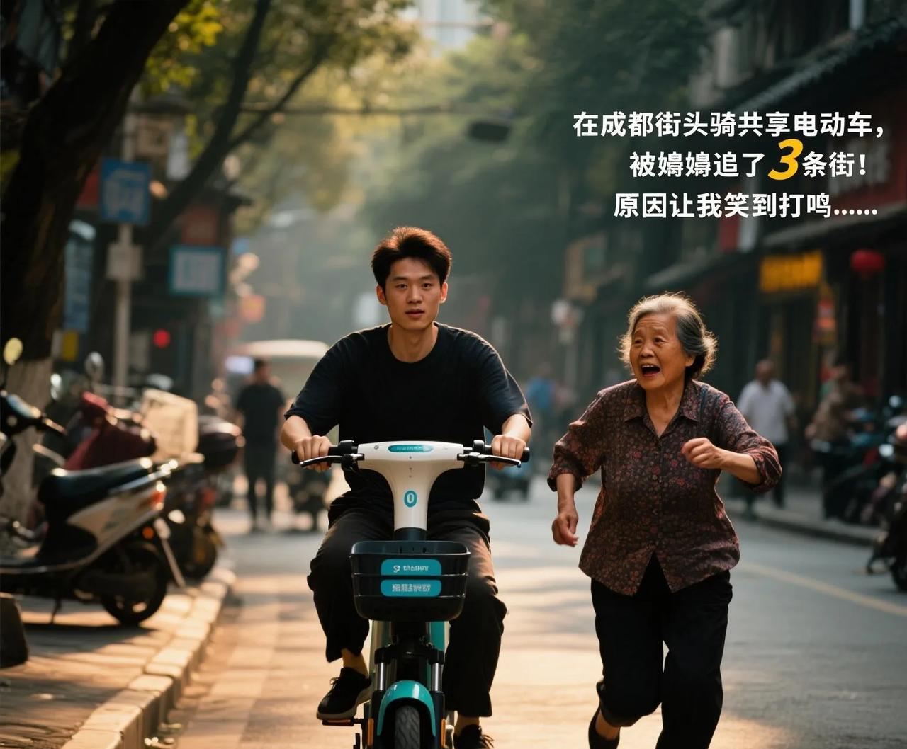 在成都街头骑共享电动车，被嬢嬢追了3条街！原因让我笑到打鸣……来成都旅游，早就